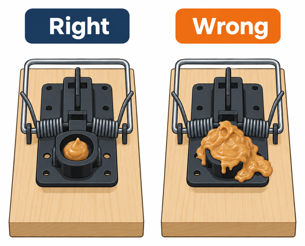 Right vs wrong snap trap baiting: pea-sized dab versus excess peanut butter glob