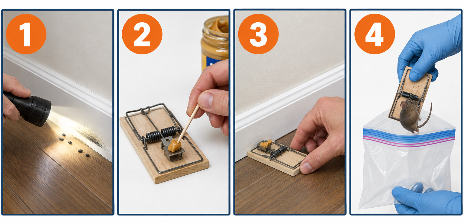 Setting snap traps for mice in four steps: find runways, bait, place against wall, check and reset