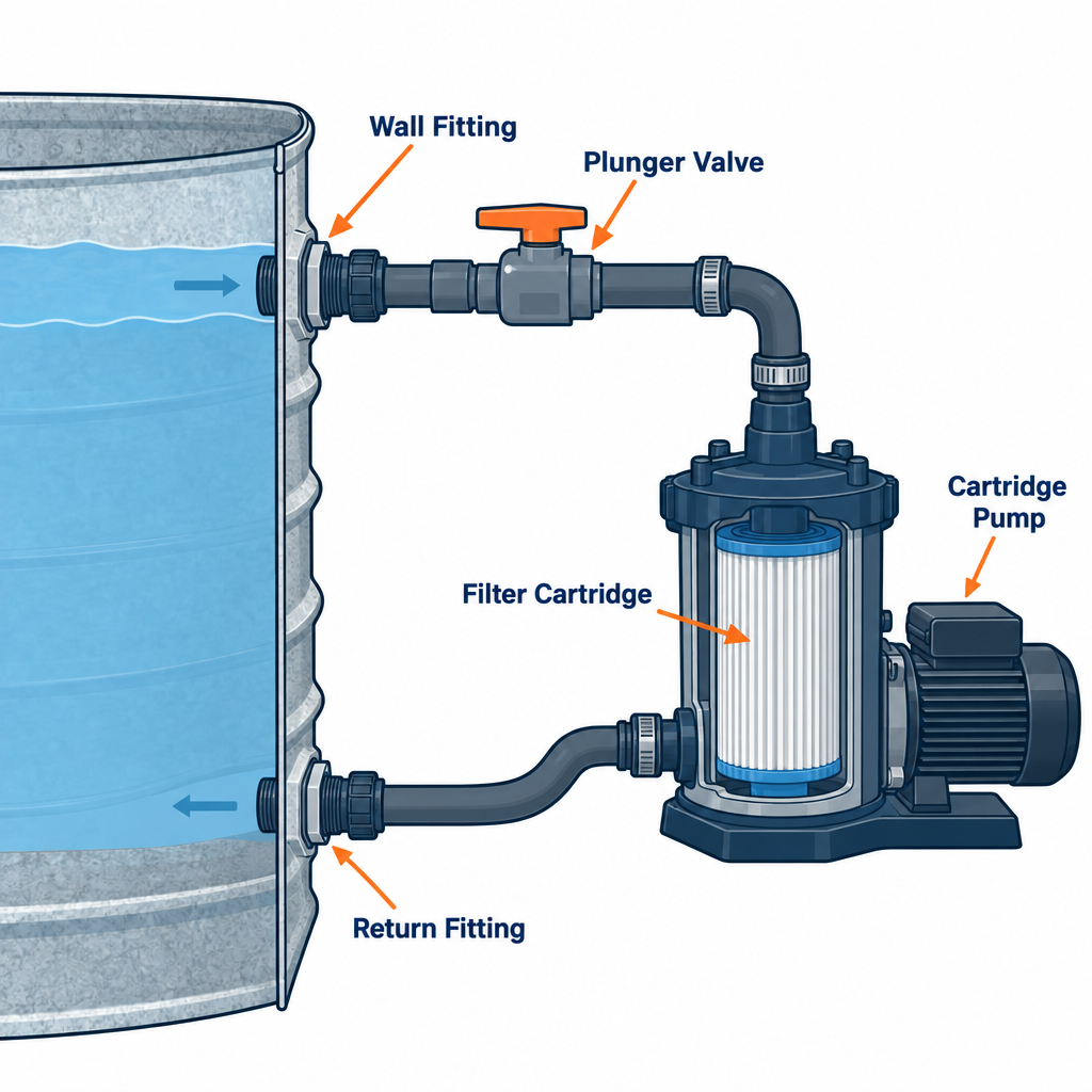 Labelled diagram of stock tank pool filter system parts: wall fitting, plunger valve, pump, cartridge and return fitting
