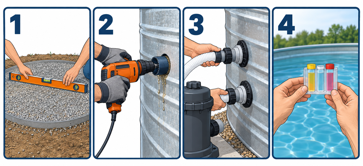Setting up a stock tank pool in four steps: leveling the base, drilling filter holes, setting the tank, and testing the water