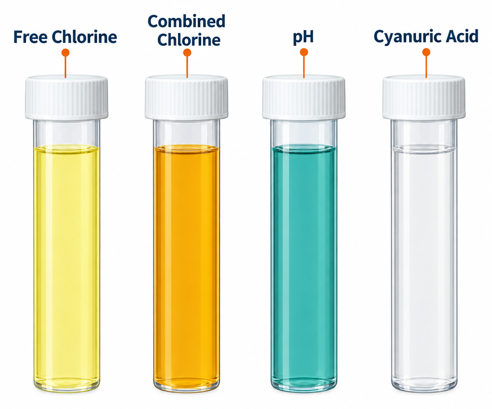 Pool water chemistry diagram showing free chlorine, combined chlorine, pH and cyanuric acid test vials labelled