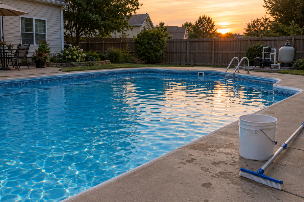 Backyard swimming pool after shocking, clear blue water at dusk with pump running