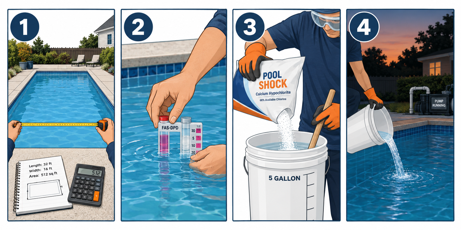 How to shock a pool in four steps: calculate volume, test water, dissolve shock in bucket, pour along pool edge at dusk