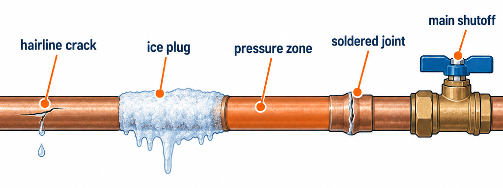 Frozen pipe damage diagram showing crack location versus ice plug location