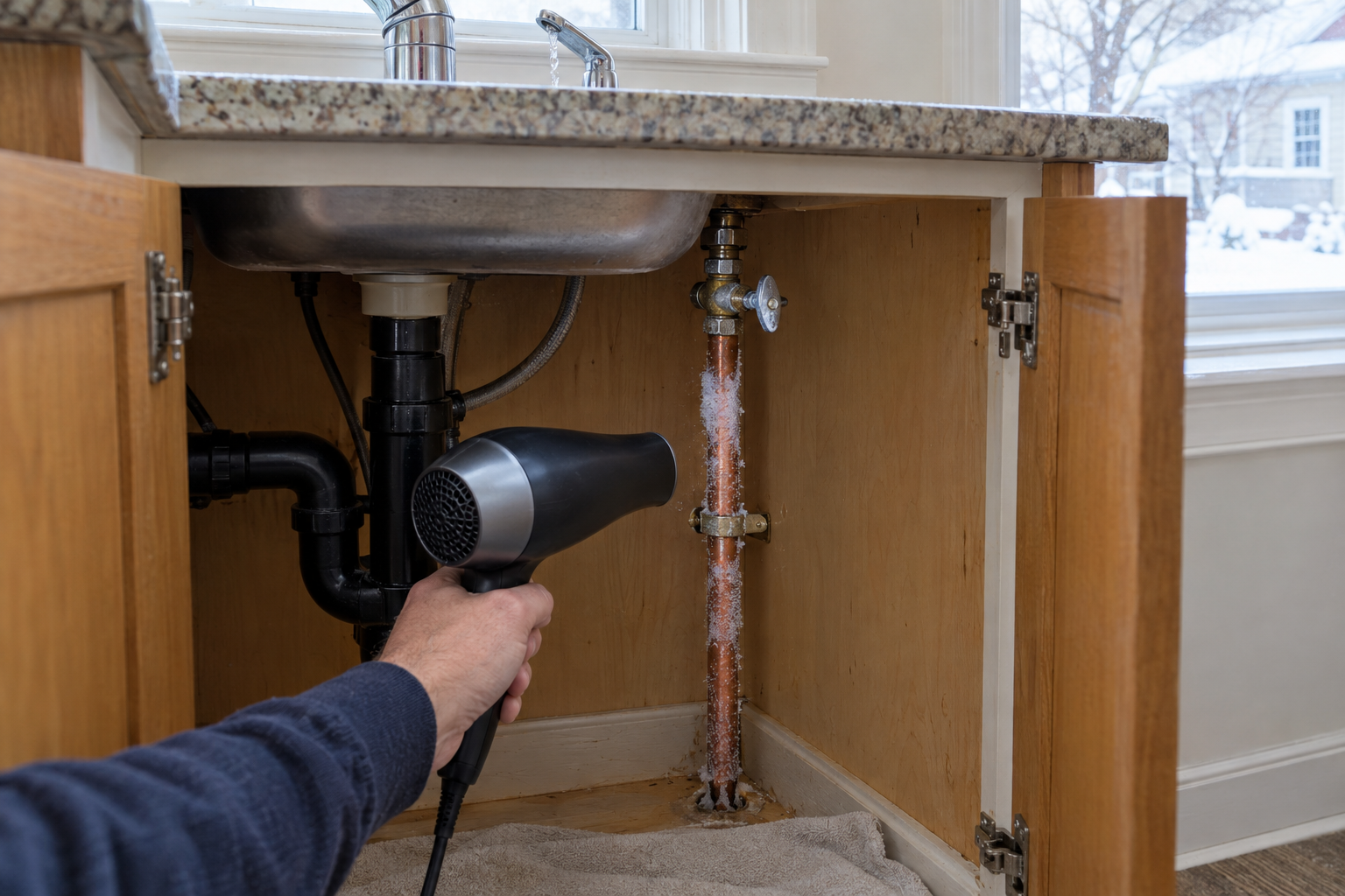 Hair dryer safely thawing a frozen copper pipe under a kitchen sink