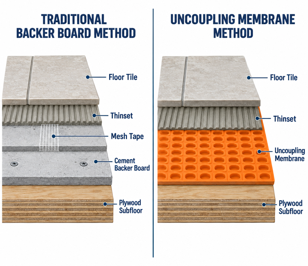 Labelled diagram comparing cement backer board and uncoupling membrane layers over a plywood subfloor