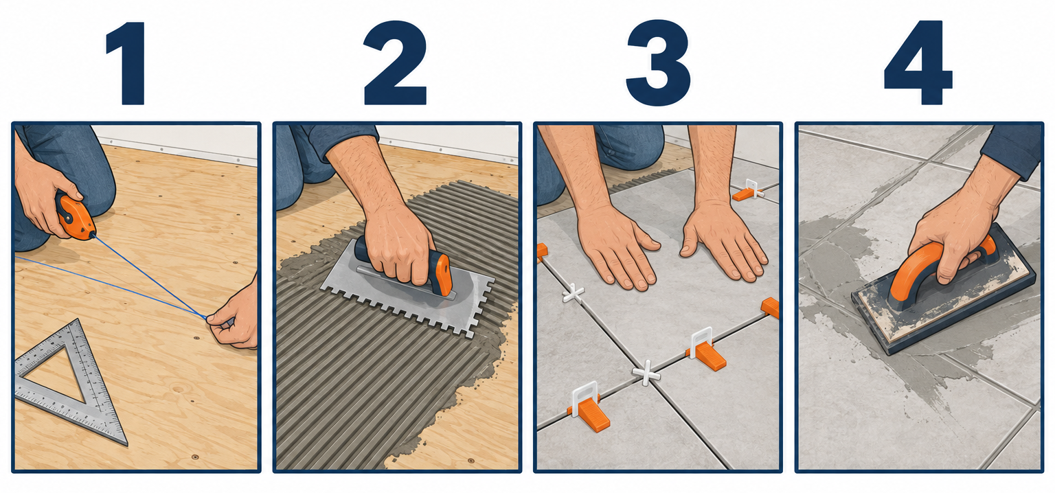 Tiling a floor in four key steps: snapping reference lines, combing thinset, setting full tiles with spacers, and grouting with a rubber float