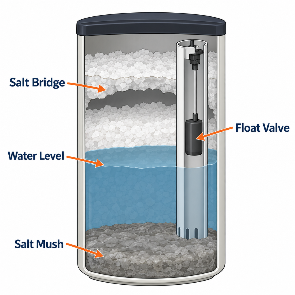 Water softener brine tank diagram showing salt bridge, salt mush, normal water level and float assembly