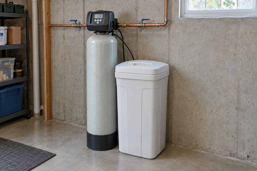 Repaired residential water softener system in a bright basement utility room