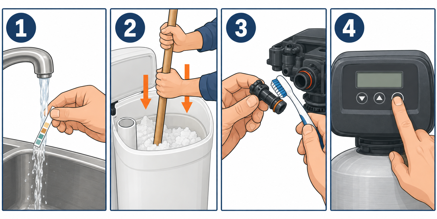 Repairing a water softener in four steps: test hardness, break salt bridge, clean injector, run manual regeneration