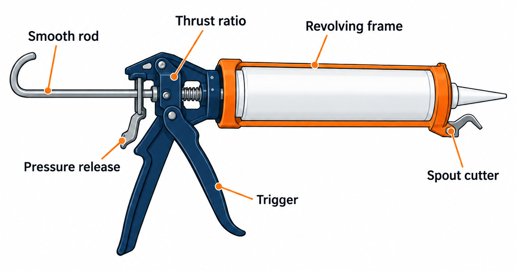 Labelled diagram of caulking gun parts including rod type, thrust ratio, frame, trigger and pressure release