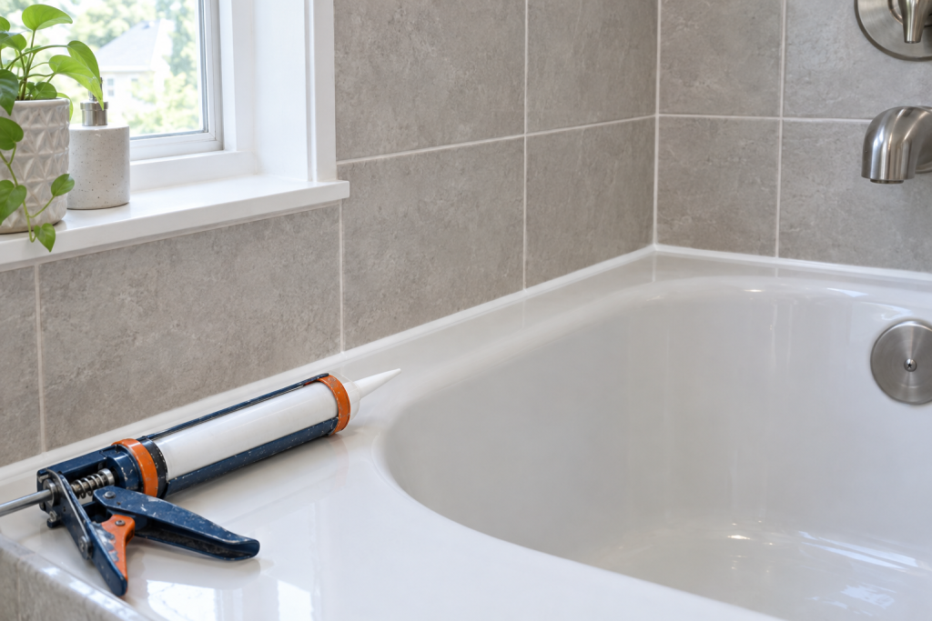 Smooth white caulk bead applied along a bathtub and tile wall joint in a bright bathroom
