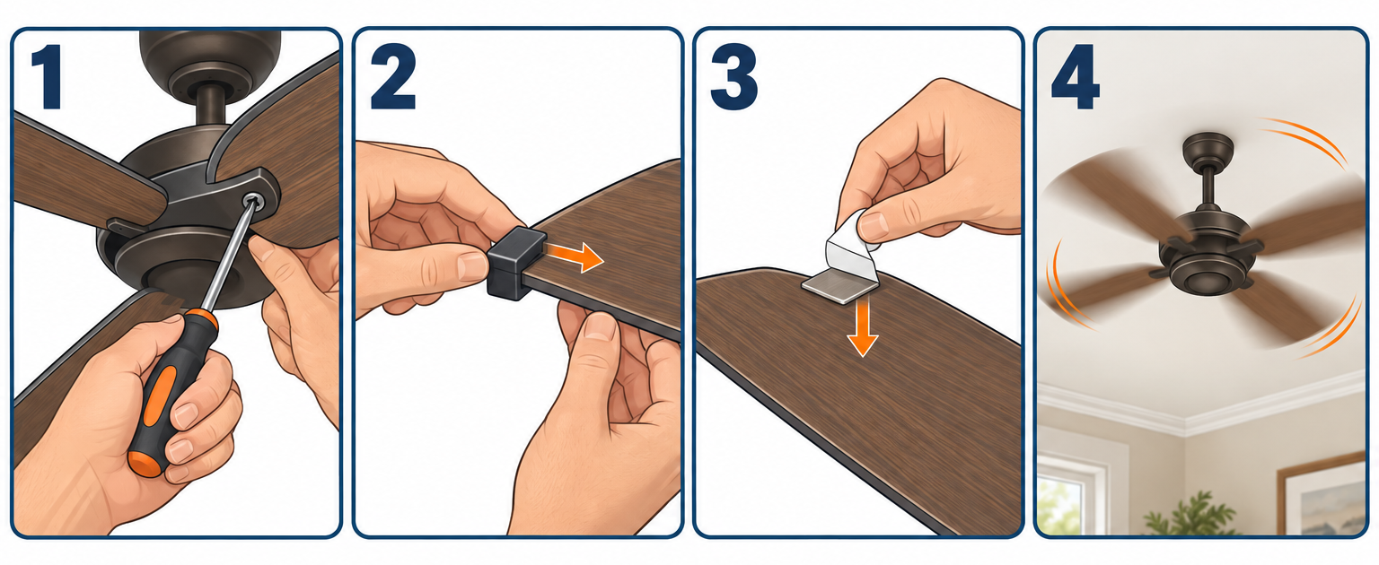 How to use a ceiling fan balancing kit in four steps: tighten screws, clip balancer to each blade, stick adhesive weight on top of blade, test fan running