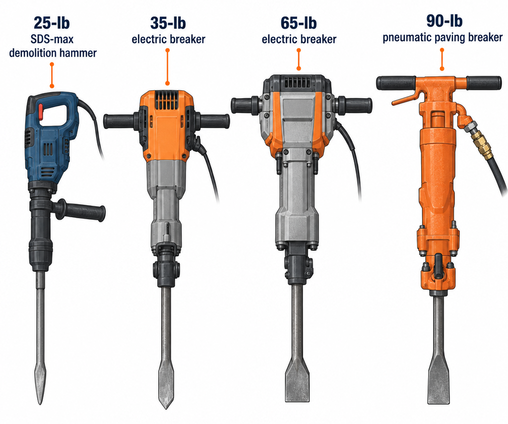 Jackhammer weight classes compared from light demolition hammer to heavy pneumatic breaker