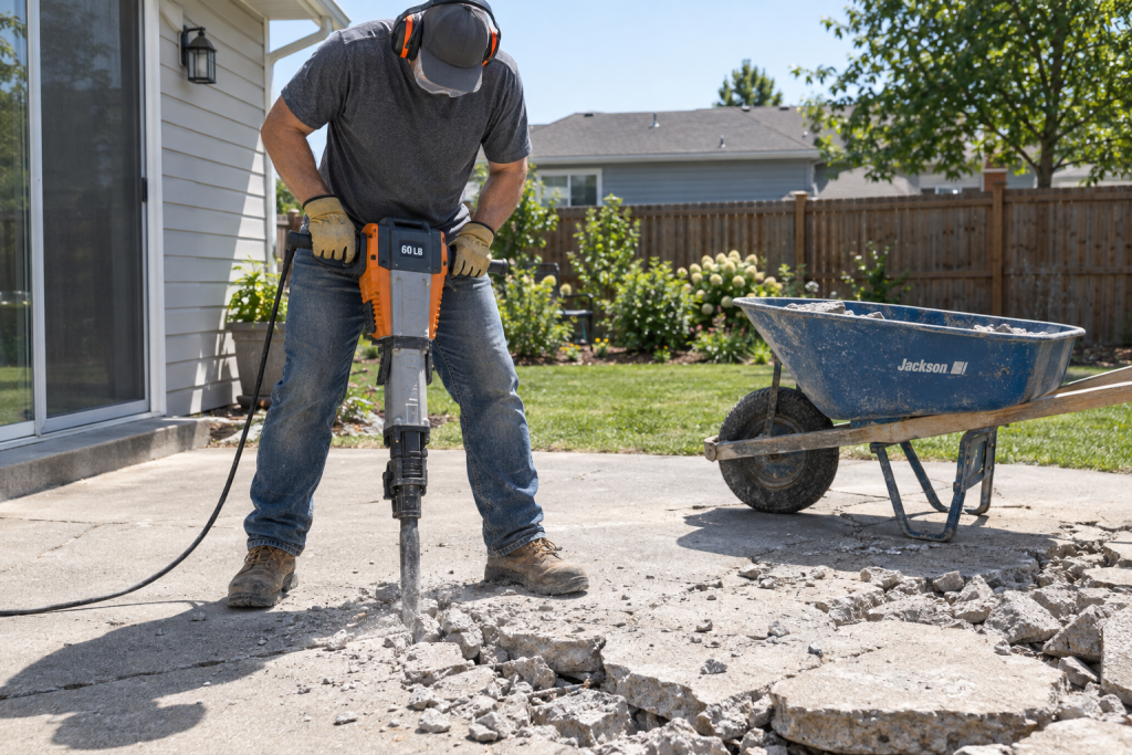 Homeowner breaking up a concrete patio with a heavy electric jackhammer in natural daylight