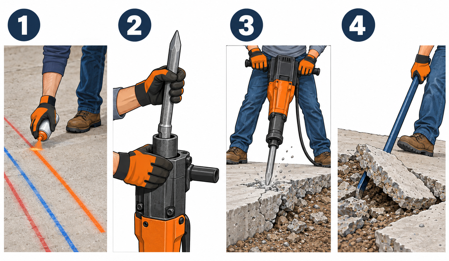 Breaking up a concrete slab with a jackhammer in four steps