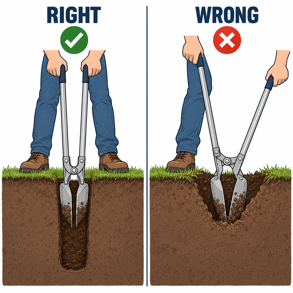 Correct versus incorrect post hole digger technique showing vertical versus angled handle position