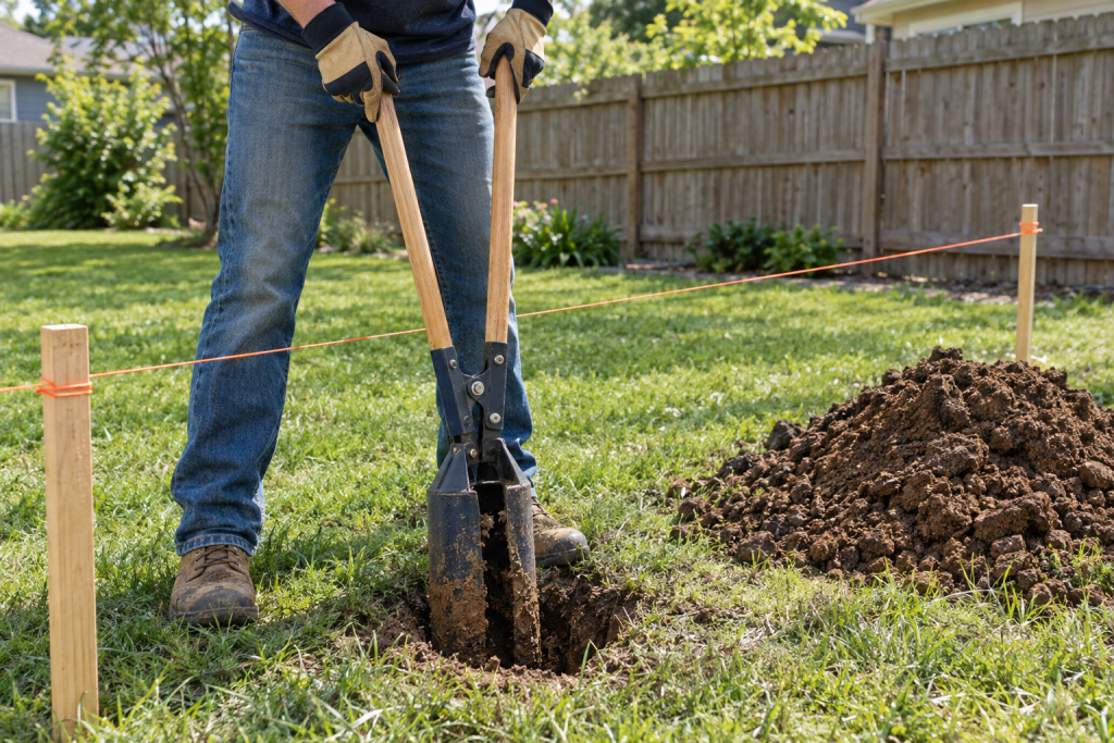 Homeowner digging a clean post hole with a clamshell post hole digger in a sunny backyard