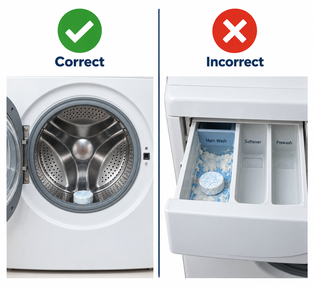 Right vs wrong placement of Affresh tablet in washing machine