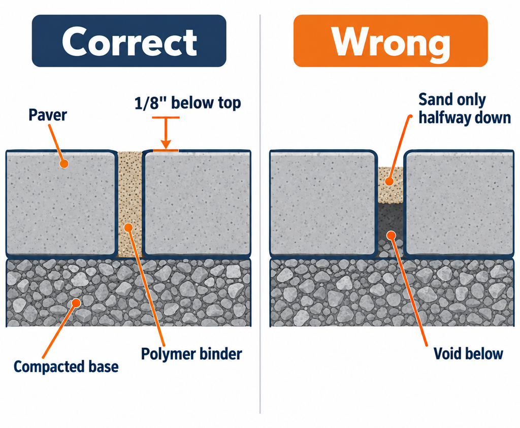 Polymeric sand joint cross-section showing correct fill depth versus too-shallow fill