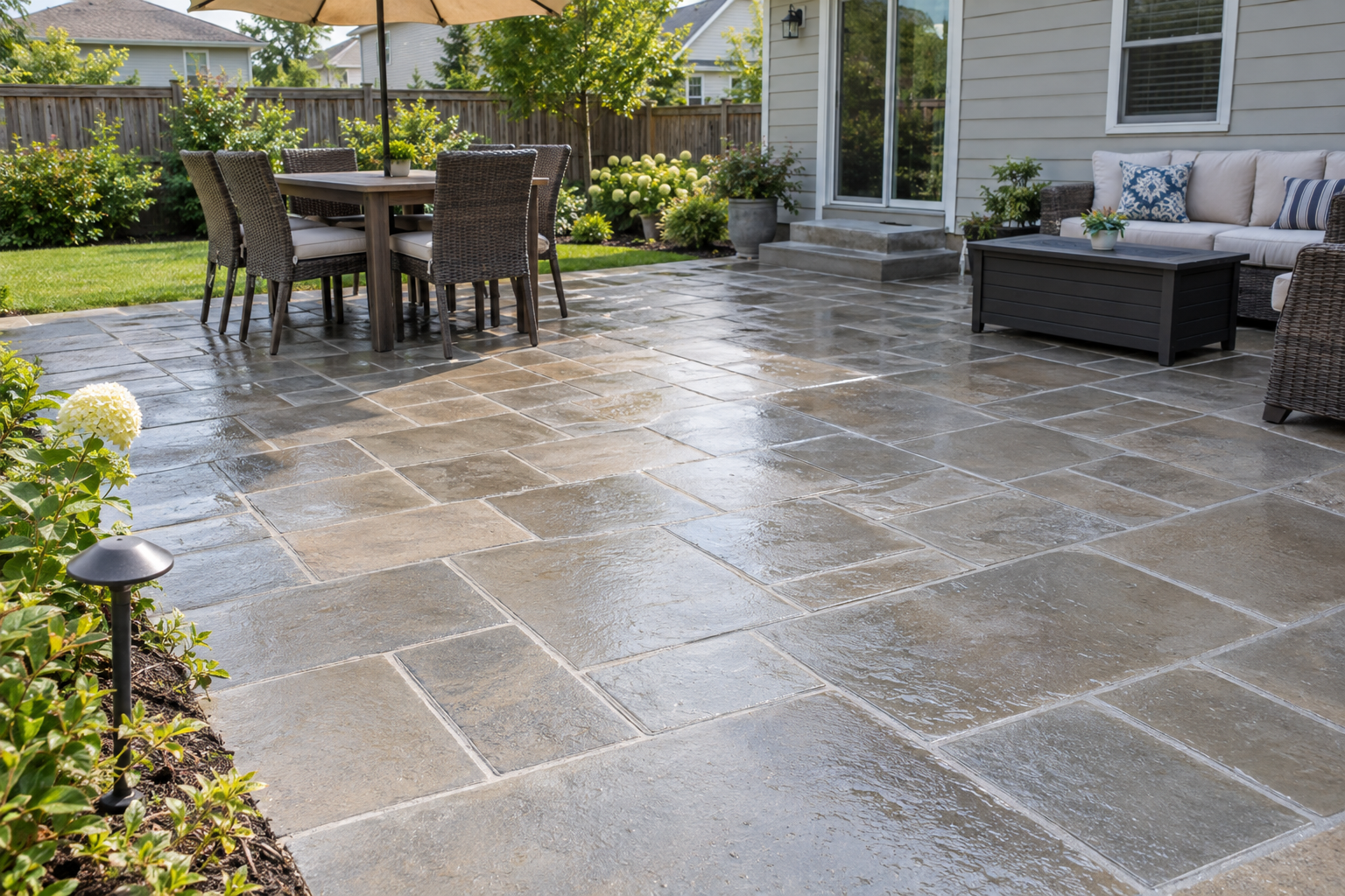 Freshly swept polymeric sand filling paver joints on a backyard patio in natural light
