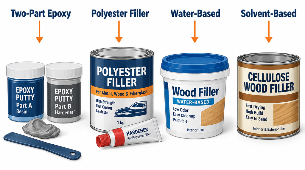 Wood filler types compared: two-part epoxy, polyester, water-based, and solvent-based side by side