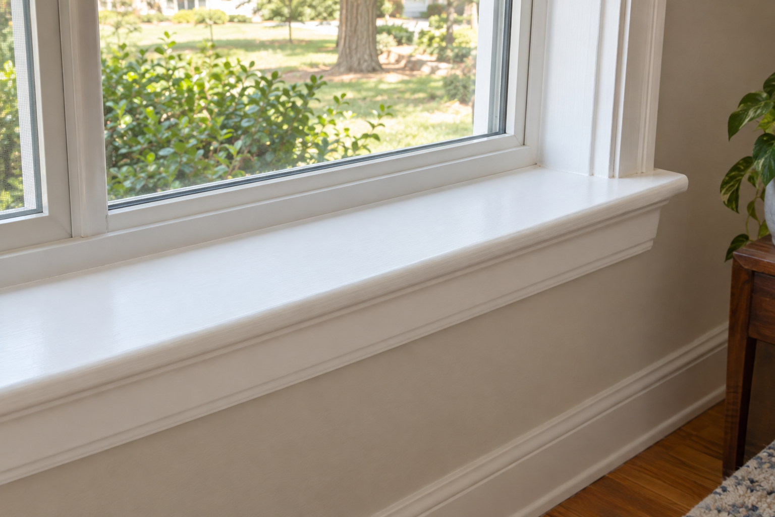 Smooth wood surface with filled nail holes ready for painting on white painted trim