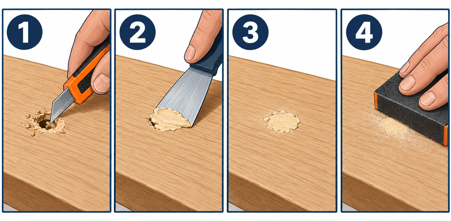 How to fill a wood hole in four steps: clean, fill, cure, sand flush