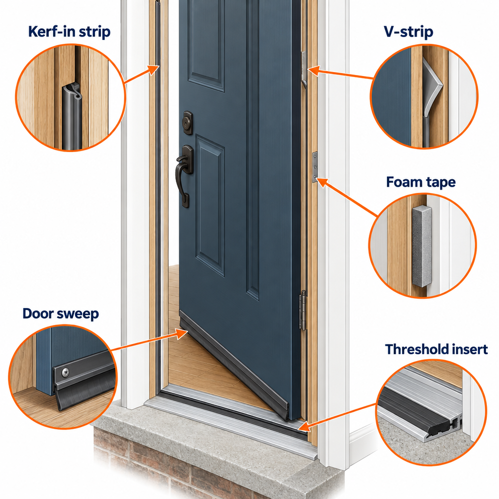 Labelled diagram of common door weather stripping types and their locations on a door frame