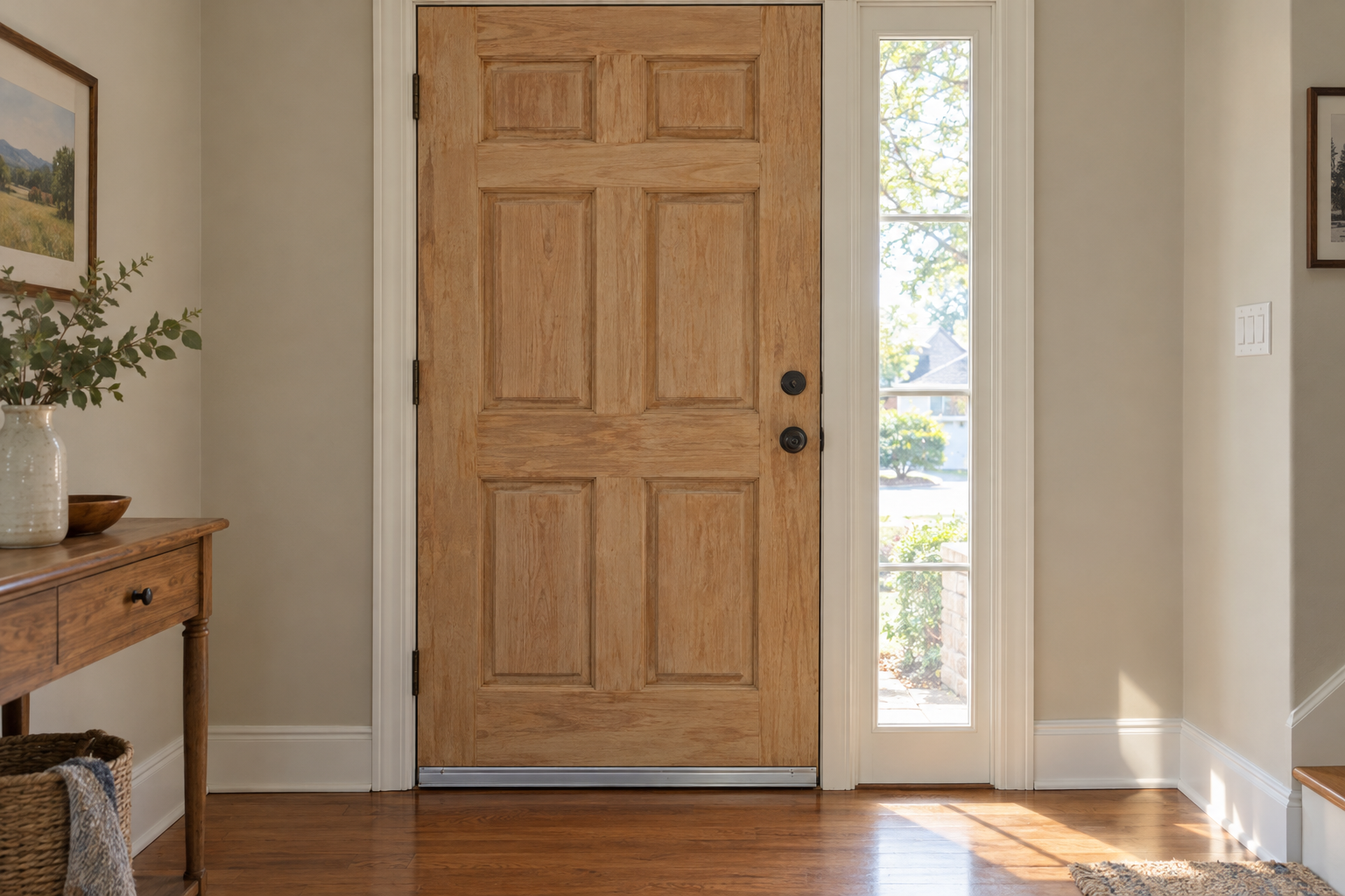 Freshly weather-stripped front door with no drafts in a bright entryway