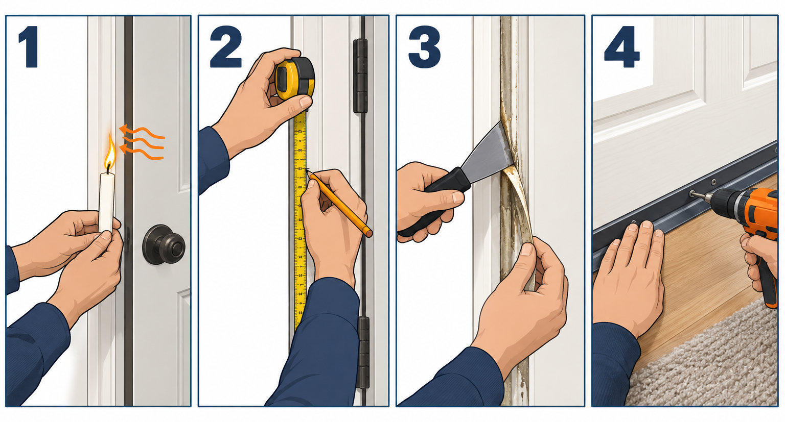 Weather stripping a door in four steps: find drafts, measure, remove old strip, install new strip and sweep