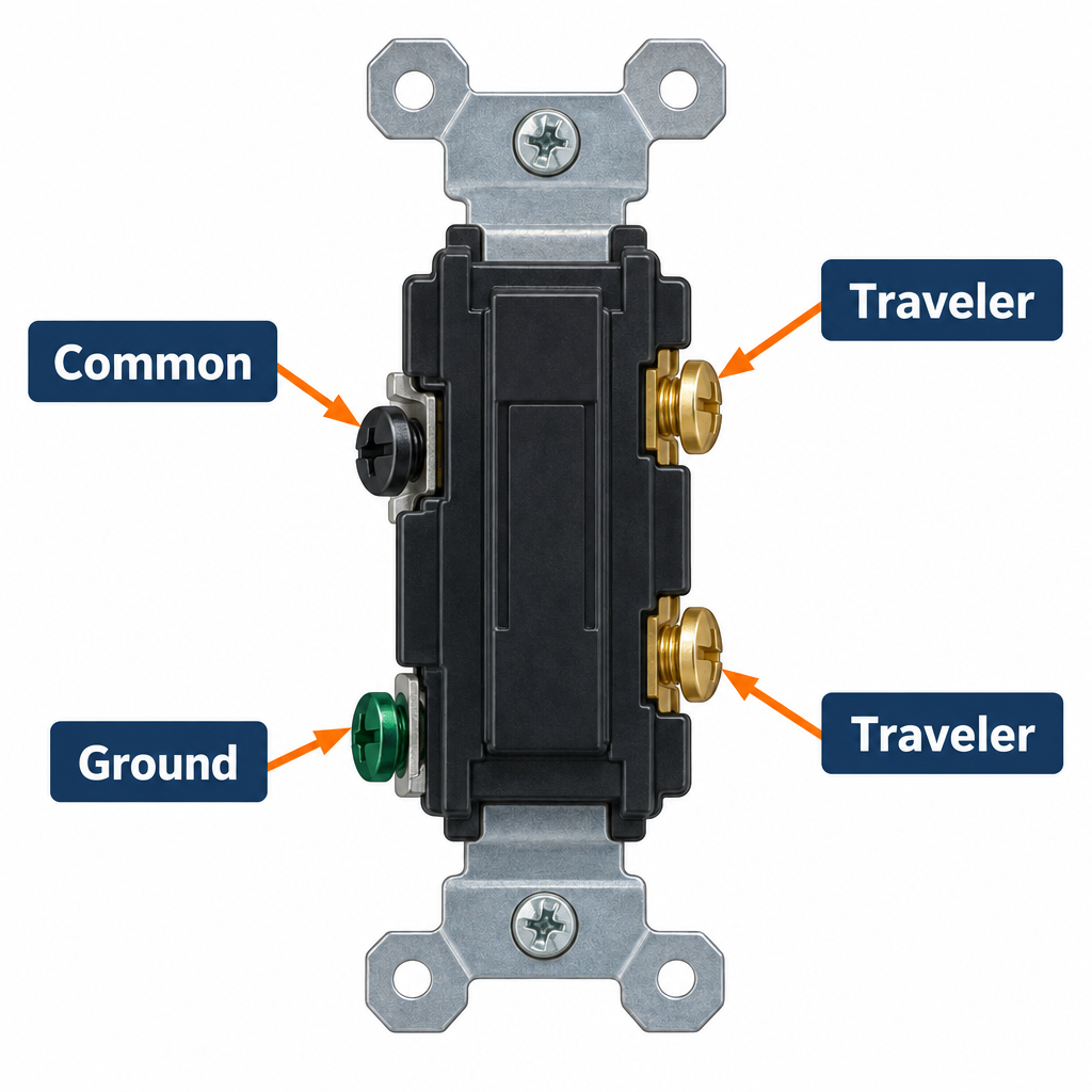 Labelled diagram of a 3-way switch showing the common screw, two traveler screws, ground screw, and toggle