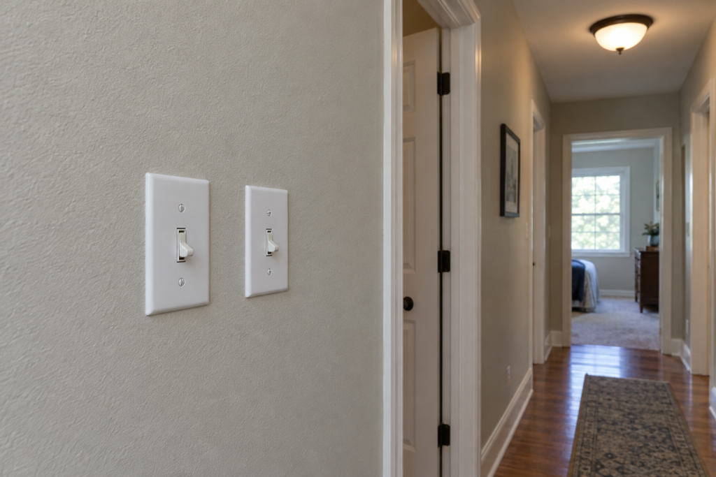 Two 3-way toggle switches mounted in white wall plates in a home hallway, controlling a ceiling light visible in the background