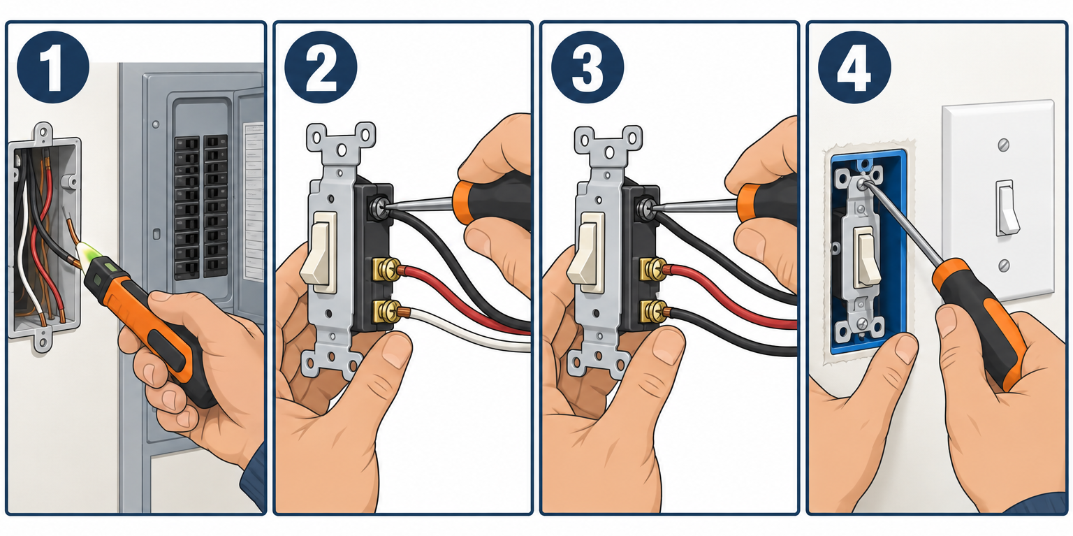 Wiring a 3-way switch pair in four steps: kill power, connect switch 1, connect switch 2, mount and test