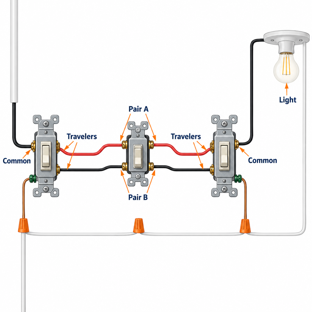 Labelled diagram of a 3-way and 4-way switch circuit with traveler wires