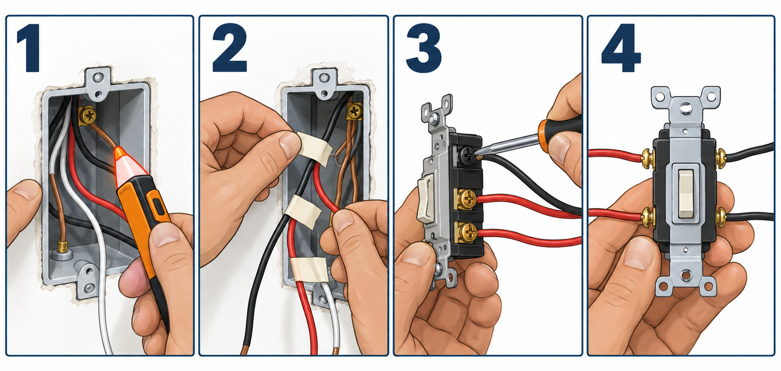 Wiring three switches to one light in four key steps