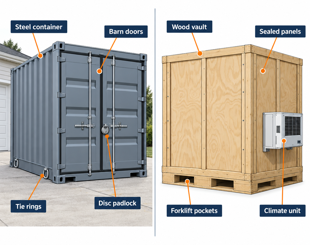 Pod storage versus mover warehouse vault: labelled diagram comparing both options