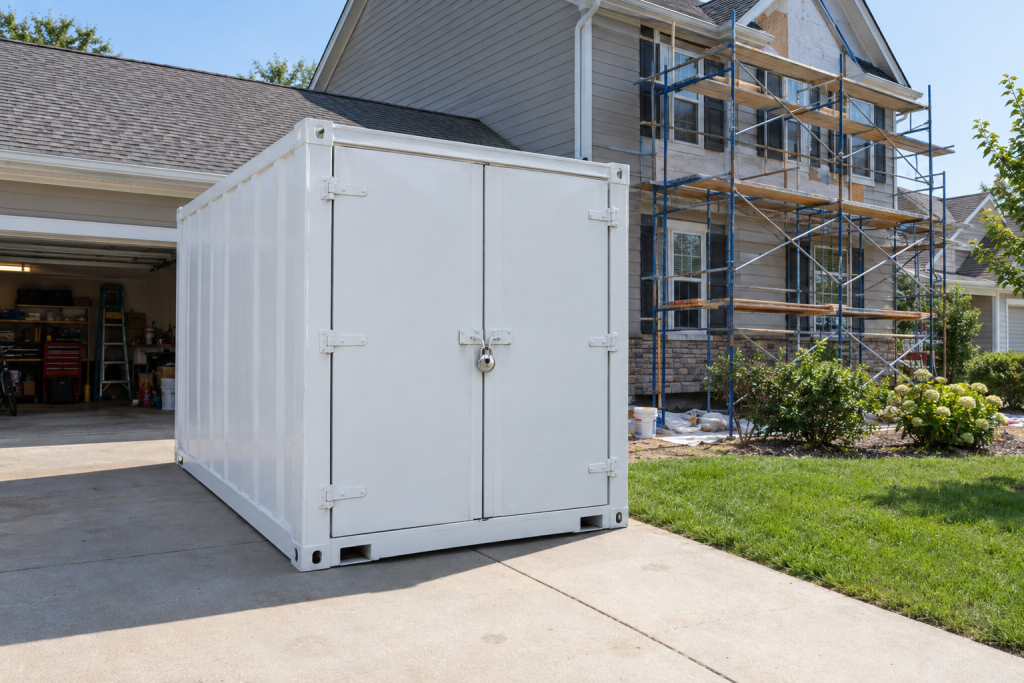 White moving pod container parked in a suburban driveway beside a home under renovation