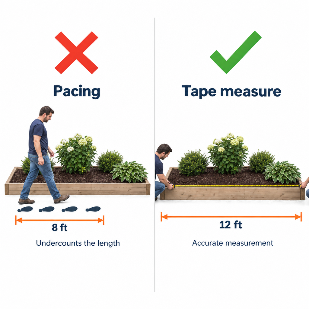 Common mulch measuring mistakes shown as right versus wrong comparisons