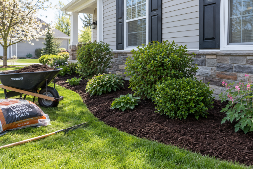 Freshly mulched garden beds around a house foundation in natural light