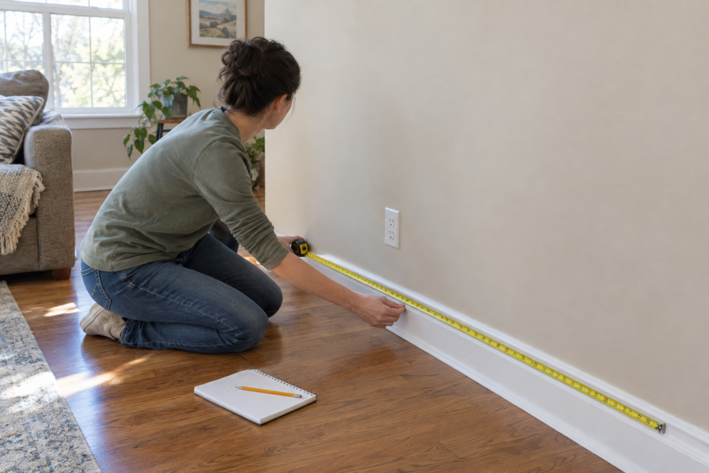 Homeowner measuring a living room wall with a tape measure before calculating paint needed