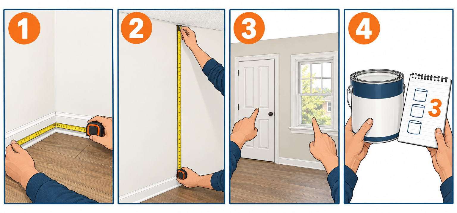 How to calculate paint needed in four steps: measure walls, measure height, count doors and windows, read the result