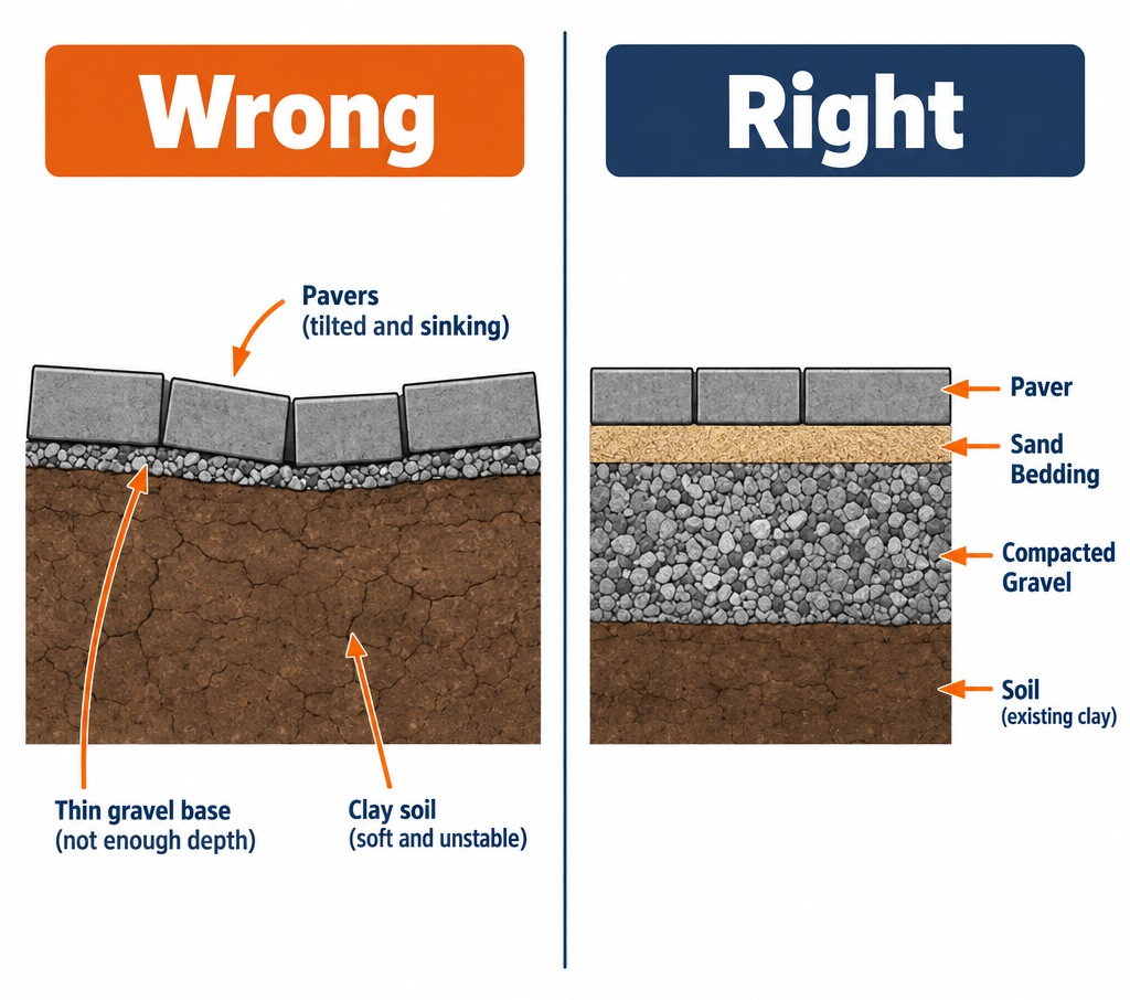 Right vs wrong paver base layer depth comparison for patio and driveway