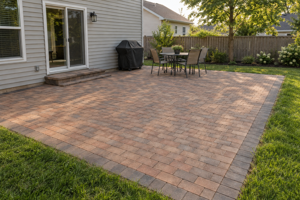 Freshly laid brick paver patio with gravel base and sand bedding in a sunny backyard