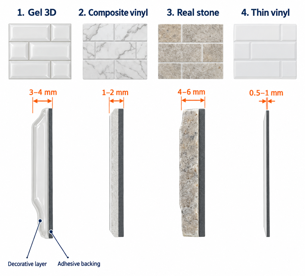 Labelled cross-section diagram comparing thickness and surface of four peel and stick backsplash types: gel 3D tile, composite vinyl, real stone, and thin vinyl sheet