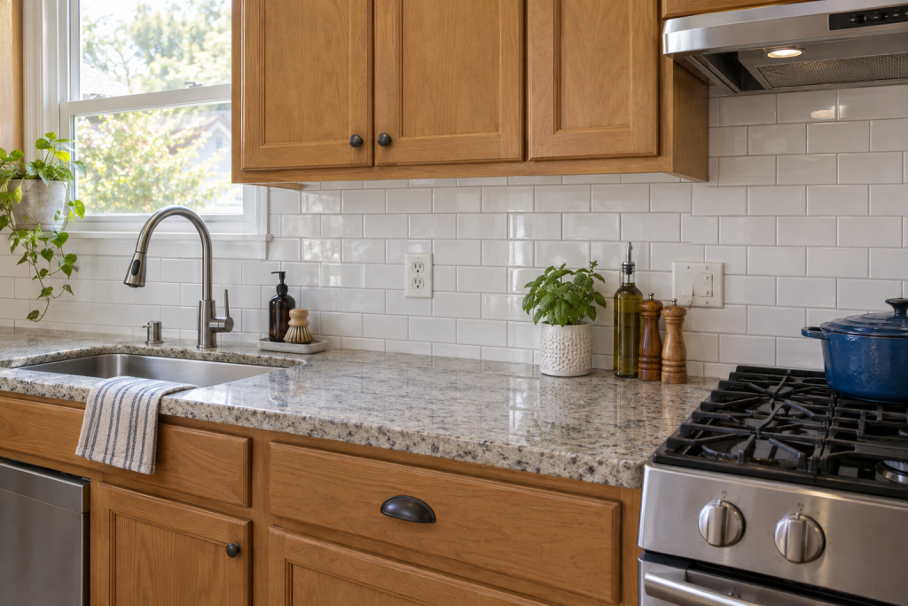 Finished peel and stick subway tile backsplash installed behind a kitchen sink and stove in a bright home kitchen