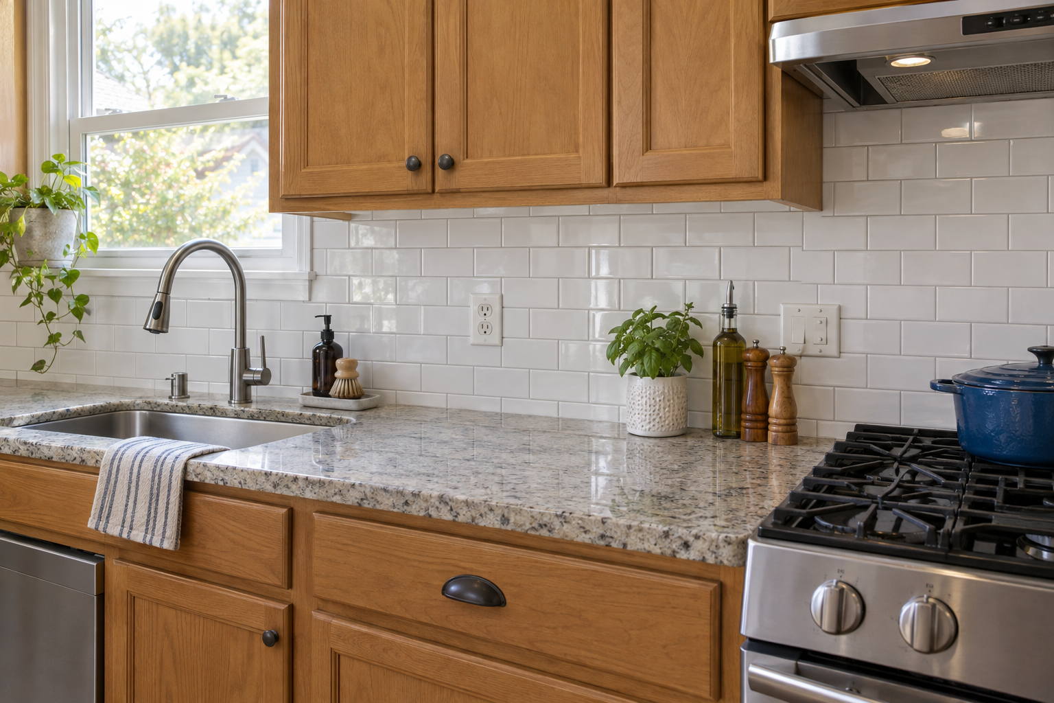 Finished peel and stick subway tile backsplash installed behind a kitchen sink and stove in a bright home kitchen