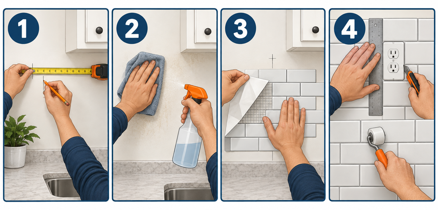 Installing a peel and stick backsplash in four steps: measure and mark, clean the wall, peel and press center outward, cut around outlets and roll seams