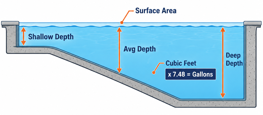 Labelled diagram of pool volume formula components: surface area, average depth, cubic feet, gallons conversion, and pool cross-section slope