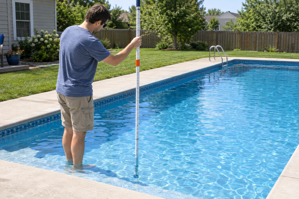 Homeowner measuring pool water depth with a marked telescoping pole at the shallow end of a backyard rectangular pool